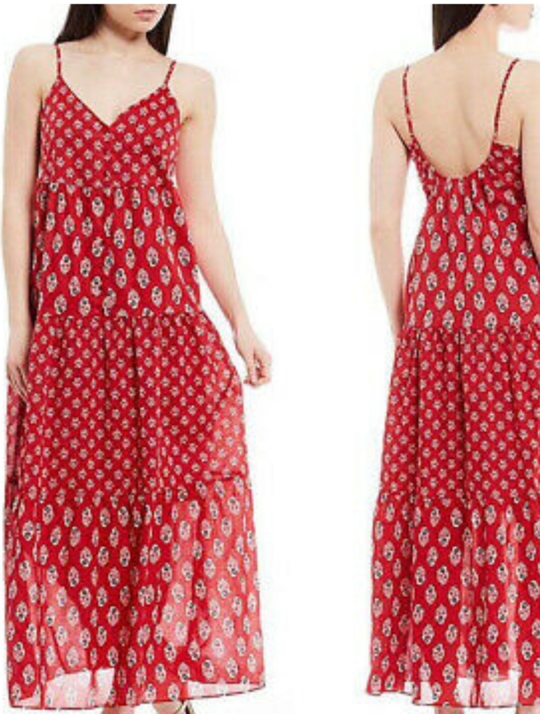 Cami button front red tiered flounce hem maxi dress in a size medium nwt
